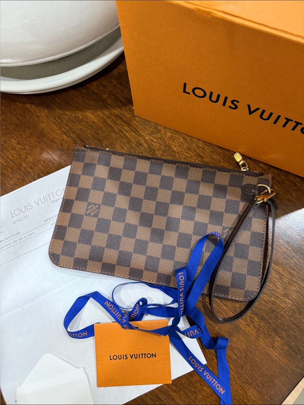 Louis Vuitton Brown Damier Wristlet Pochette with Receipt